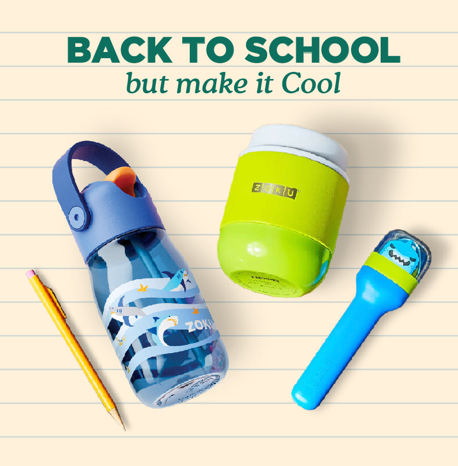 A variety of different Back to School ZOKU products over a notepad background, text reads "Back to School but make it Cool"