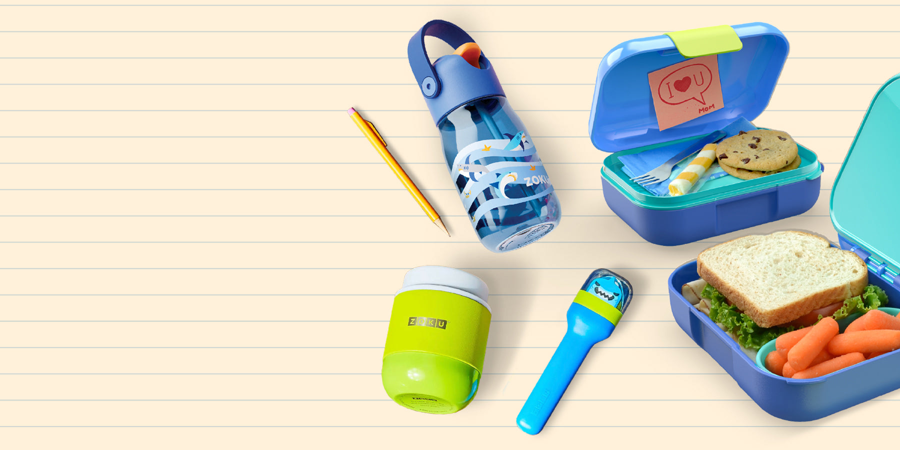 A variety of different Back to School ZOKU products over a notepad background. 